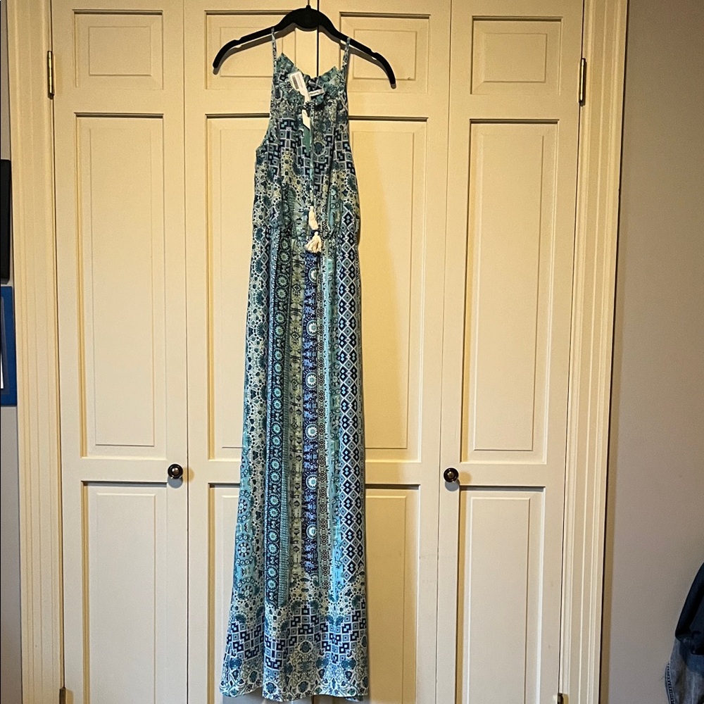 Collective Concepts Teal and White Geometric Maxi Dress